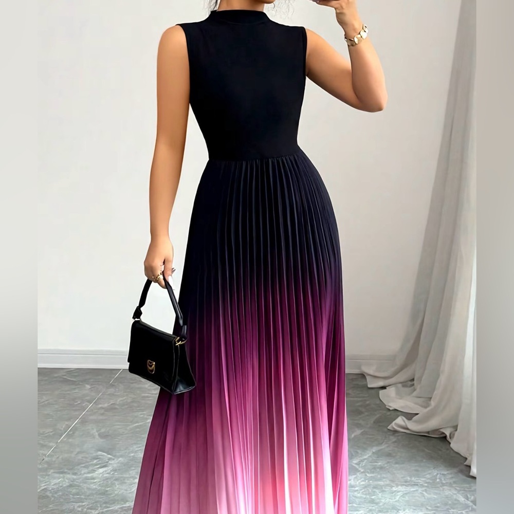 Sleeveless Black to Pink Ombre Pleated Maxi Dress